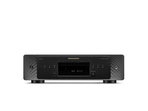 Frontansicht des Marantz CD 60 CD-Players in Schwarz mit HDAM-Schaltung für überragende Audioqualität, digitalem Display, Disc-Schublade, Bedientasten und einem USB-Anschluss unten links; Marantz-Logo mittig über dem Display.