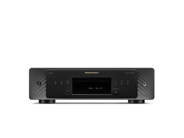 Frontansicht des Marantz CD 60 CD-Players in Schwarz mit HDAM-Schaltung für überragende Audioqualität, digitalem Display, Disc-Schublade, Bedientasten und einem USB-Anschluss unten links; Marantz-Logo mittig über dem Display.
