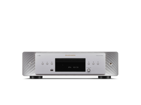 Der Marantz CD 60 CD-Player in Silber-Gold verfügt über ein zentrales Display, Bedientasten, einen USB-Anschluss und eine Kopfhörerbuchse an der Vorderseite und bietet dank der fortschrittlichen HDAM-Schaltung eine hervorragende Audioqualität.
