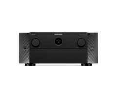 Frontansicht des Marantz Cinema 30 AV-Receivers in Schwarz mit kreisförmigem Digitaldisplay, zwei großen Bedienknöpfen und schlankem Design - ideal, um Ihr Heimkino-Audioerlebnis zu verbessern.