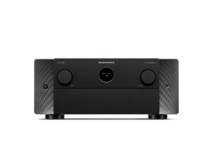 Frontansicht des Marantz Cinema 30 AV-Receivers in Schwarz mit kreisförmigem Digitaldisplay, zwei großen Bedienknöpfen und schlankem Design - ideal, um Ihr Heimkino-Audioerlebnis zu verbessern.