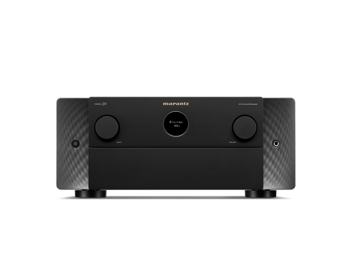 Frontansicht des Marantz Cinema 30 AV-Receivers in Schwarz mit kreisförmigem Digitaldisplay, zwei großen Bedienknöpfen und schlankem Design - ideal, um Ihr Heimkino-Audioerlebnis zu verbessern.