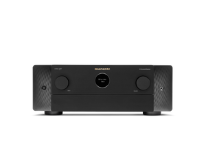 Der Marantz Cinema 50 AV-Receiver in Schwarz bietet ein zentrales Digitaldisplay, zwei große Drehregler und ein modernes Design - ideal für Premium-Heimkino-Audio mit Dolby Atmos-Unterstützung.