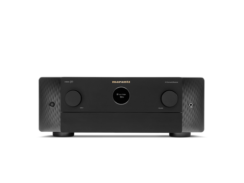 Der Marantz Cinema 50 AV-Receiver in Schwarz bietet ein zentrales Digitaldisplay, zwei große Drehregler und ein modernes Design - ideal für Premium-Heimkino-Audio mit Dolby Atmos-Unterstützung.