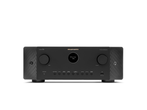 Frontansicht des Marantz Cinema 60 AV-Receivers mit schwarzer Oberfläche, zwei großen Reglern, einem zentralen runden Display und mehreren Tasten und Anschlüssen - unterstützt Dolby Atmos und 8K Ultra HD für einen beeindruckenden Heimkino-Sound.