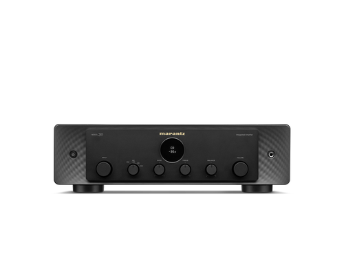 Frontansicht des Marantz Model 30 Verstärkers in Schwarz, mit zentralem Display, Bedienelementen und Tasten. Sein schlankes Design mit HDAM-SA3-Technologie sorgt für musikalischen Klang; das Marantz-Logo befindet sich über dem Display.