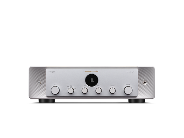 Ein Marantz Model 30 Verstärker in Silber-Gold mit mittigem Display, fünf Reglern und zwei Tasten, ausgestattet mit HDAM-SA3-Technologie für musikalischen Klang, vor neutralem Hintergrund.