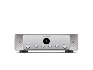 Frontansicht des Marantz Model 50 Verstärker in Silber-Gold, im eleganten Audiogeräte-Design mit fünf Drehreglern, zentraler Digitalanzeige und kleinen Tasten unterhalb der Bedienelemente.