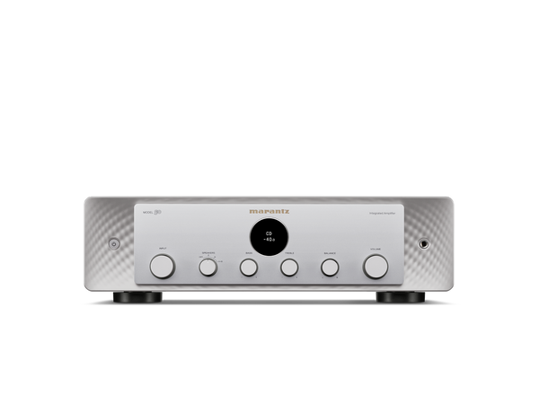 Frontansicht des Marantz Model 50 Verstärker in Silber-Gold, im eleganten Audiogeräte-Design mit fünf Drehreglern, zentraler Digitalanzeige und kleinen Tasten unterhalb der Bedienelemente.