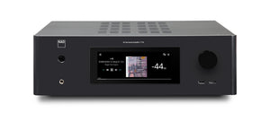 Der NAD T 778 AV-Receiver in Schwarz verfügt über ein Display, das die Musikwiedergabe anzeigt, eine Lautstärke von -44 dB, einen großen rechten Drehregler sowie Kopfhörer- und USB-Anschlüsse an der Vorderseite - ideal für Multiroom-Audio oder Ihr Heimkino-Setup.