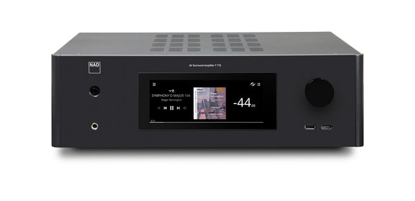Der NAD T 778 AV-Receiver in Schwarz verfügt über ein Display, das die Musikwiedergabe anzeigt, eine Lautstärke von -44 dB, einen großen rechten Drehregler sowie Kopfhörer- und USB-Anschlüsse an der Vorderseite - ideal für Multiroom-Audio oder Ihr Heimkino-Setup.