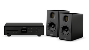Das Sonoro Starter Bundle in Schwarz verfügt über einen zentralen Musikplayer mit Bedienelementen und Display sowie zwei passende Lautsprecher, die HiFi-Receiver-Funktionen für ein erweitertes Audioerlebnis bieten.