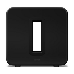 Der Sonos Sub 4 Subwoofer ist ein schwarzer, rechteckiger Lautsprecher mit abgerundeten Kanten und einer vertikalen, rechteckigen Öffnung in der Mitte, der für eine dynamische Klangwiedergabe konzipiert wurde und vor einem weißen Hintergrund abgebildet ist.