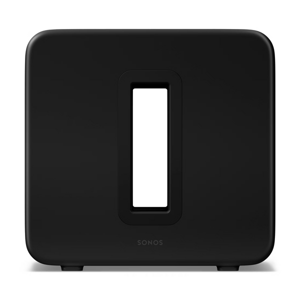 Der Sonos Sub 4 Subwoofer ist ein schwarzer, rechteckiger Lautsprecher mit abgerundeten Kanten und einer vertikalen, rechteckigen Öffnung in der Mitte, der für eine dynamische Klangwiedergabe konzipiert wurde und vor einem weißen Hintergrund abgebildet ist.