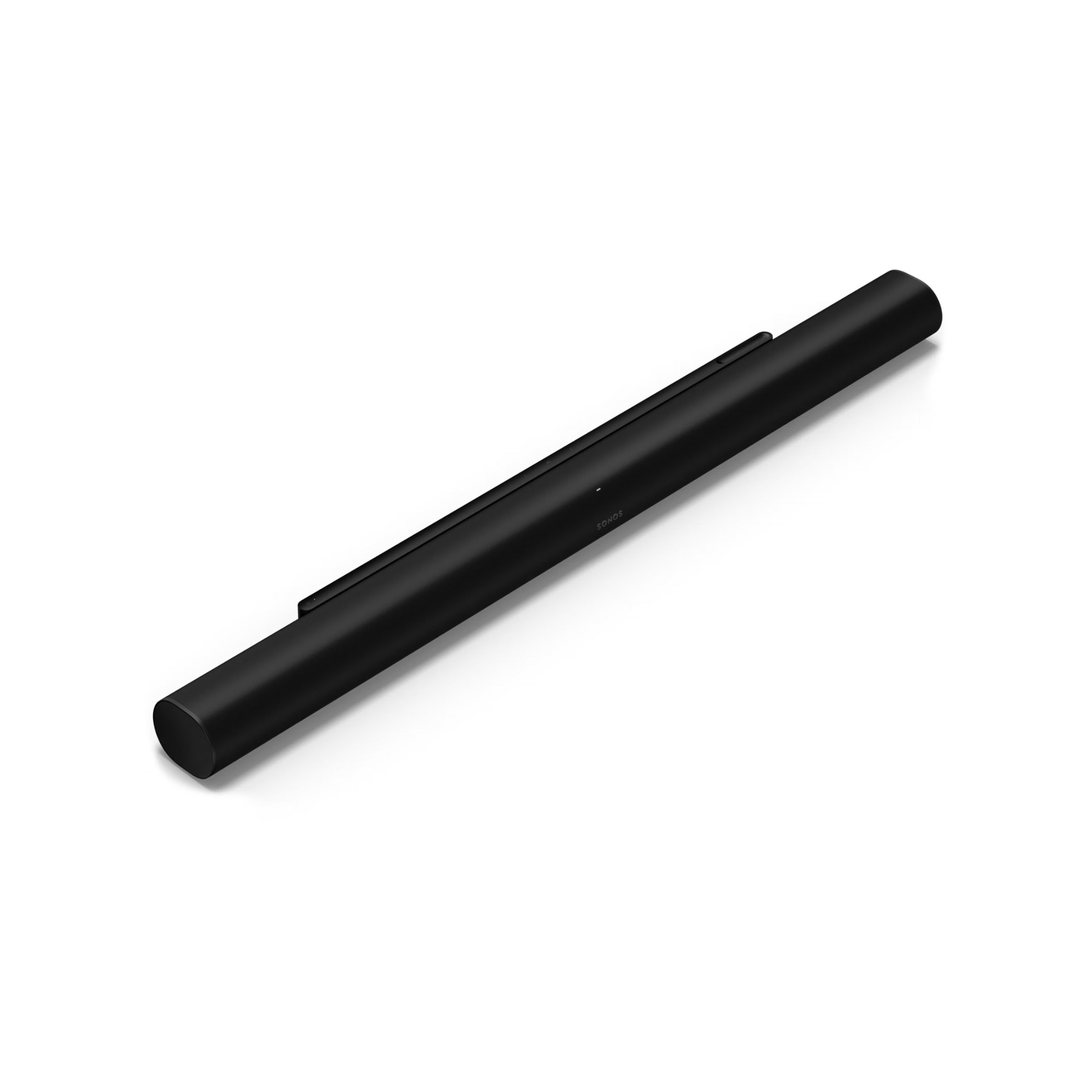 Die Sonos Arc Ultra Soundbar, ein schlanker schwarzer Zylinder mit minimalistischem Design, wird schräg auf einem weißen Hintergrund gezeigt. Seine glatte Oberfläche und sein moderner Look bieten kristallklare Dialoge dank Dolby Atmos.