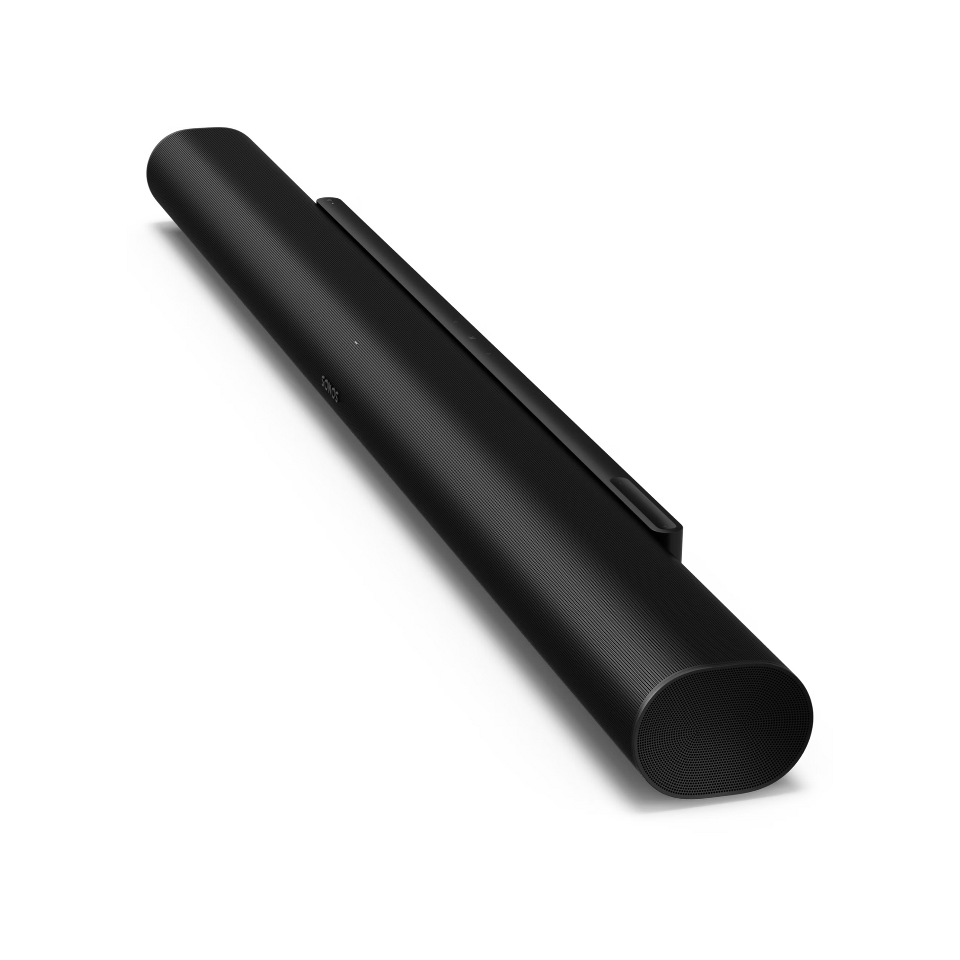 Die Sonos Arc Ultra Soundbar in elegantem Schwarz mit einem abgerundeten, rechteckigen Design wird aus einem Winkel gezeigt, der die Front und die Seiten hervorhebt. Sie bietet kristallklare Dialoge und immersives Dolby Atmos für ein außergewöhnliches Klangerlebnis.