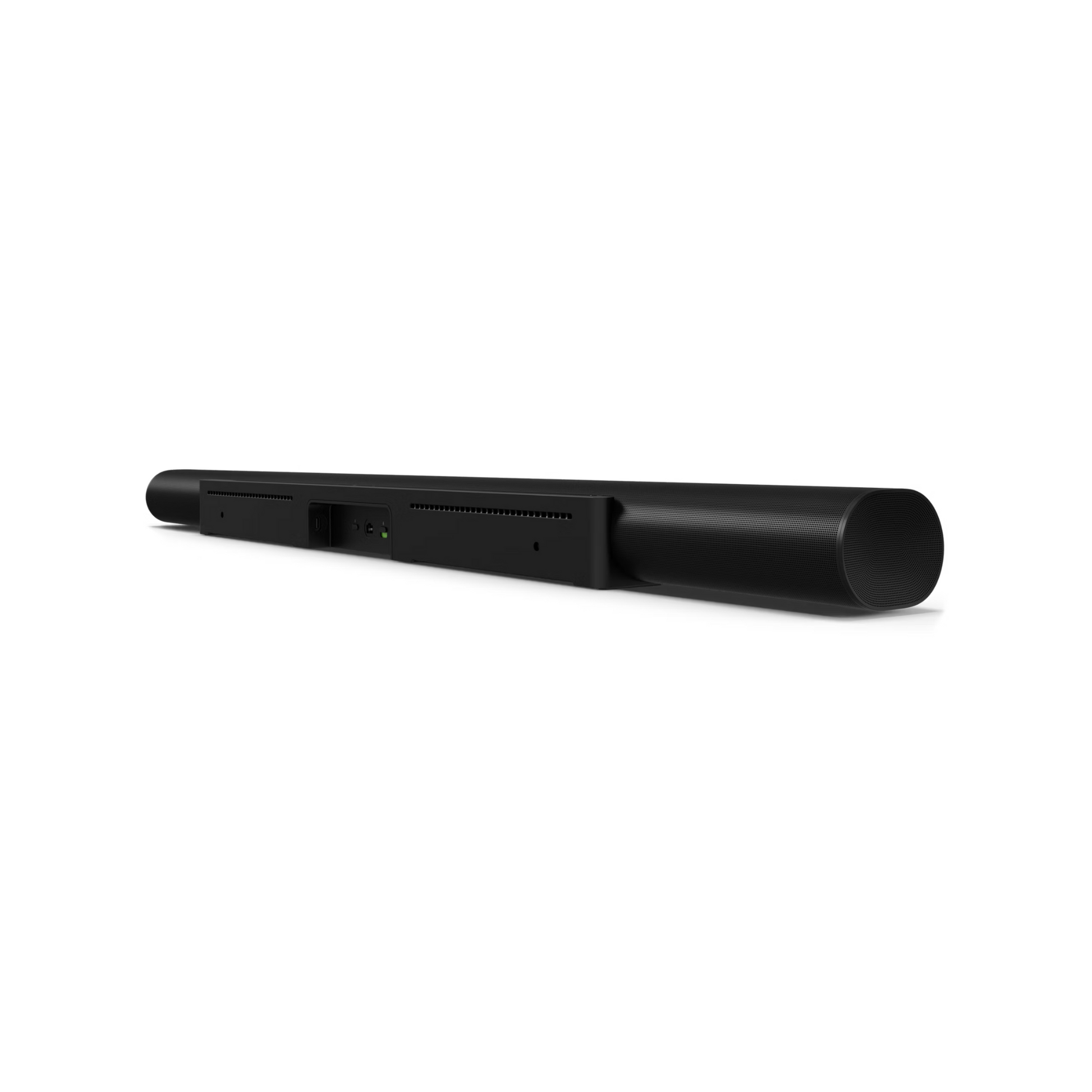 Die Sonos Arc Ultra Soundbar, abgebildet von hinten und von der Seite mit sichtbaren Anschlüssen und Bedienelementen auf der Rückseite, verfügt über ein modernes, schwarzes, minimalistisches Design und die fortschrittliche Sound Motion™ Technologie für kristallklare Dialoge in jeder Umgebung.