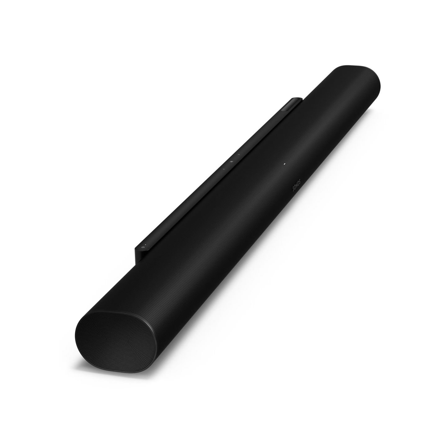 Die Sonos Arc Ultra Soundbar in Schwarz zeichnet sich durch ein schlankes, minimalistisches Design mit abgerundeten Kanten und einfachen Bedienelementen an der Oberseite aus und bietet kristallklare Dialoge für außergewöhnliche Klangqualität. Schrägansicht auf weißem Hintergrund.
