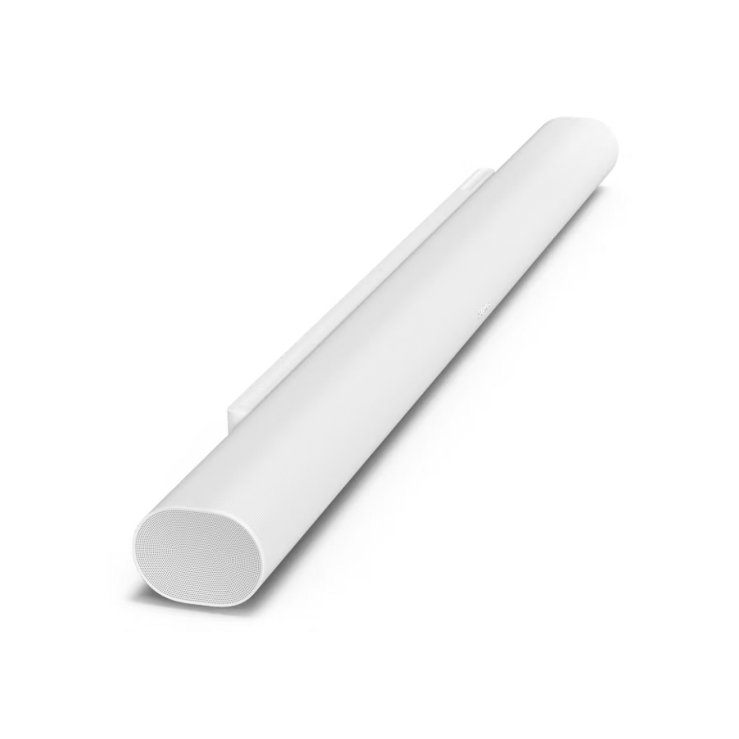 Die Sonos Arc Ultra Soundbar in Weiß, mit schlanken, abgerundeten Kanten, liefert kristallklare Dialoge via Dolby Atmos und ist auf weißem Hintergrund von schräg oben zu sehen.