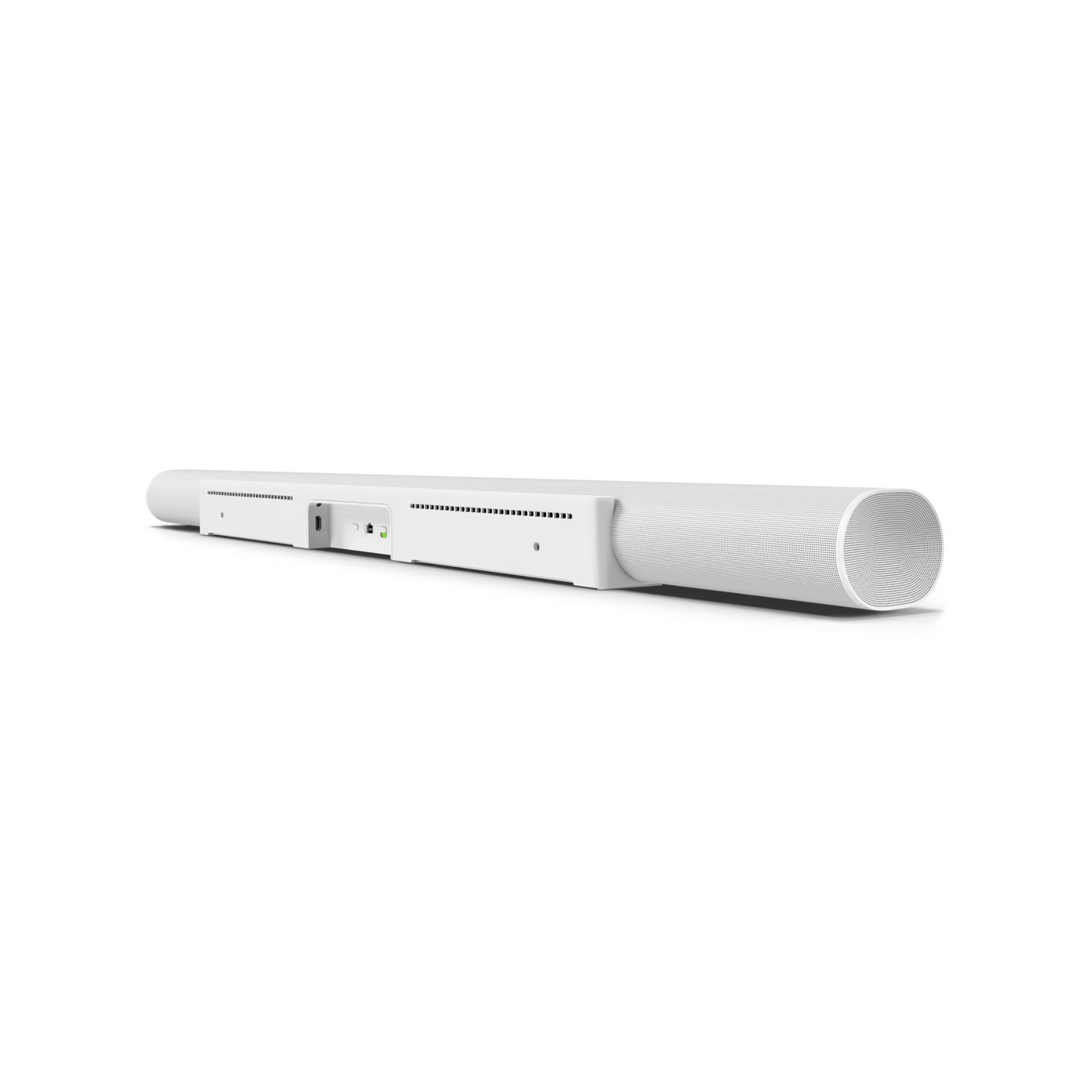 Die Sonos Arc Ultra Soundbar in schlichtem Weiß wird von hinten und von der Seite gezeigt, wobei Lüftungsöffnungen, Eingangsanschlüsse und das glatte zylindrische Design mit Dolby Atmos für kristallklare Dialoge hervorgehoben werden.