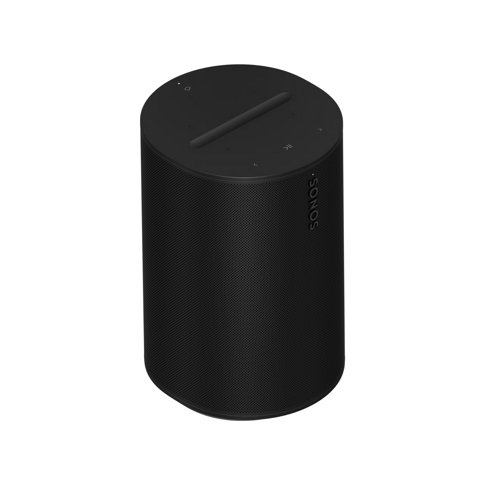Der Sonos Era 100 Smart Speaker in Schwarz verfügt über ein zylindrisches Design, ein Mesh-Gehäuse, Bluetooth- und WLAN-Konnektivität sowie Touch-Bedienelemente, die auf einem schlichten weißen Hintergrund dargestellt werden.