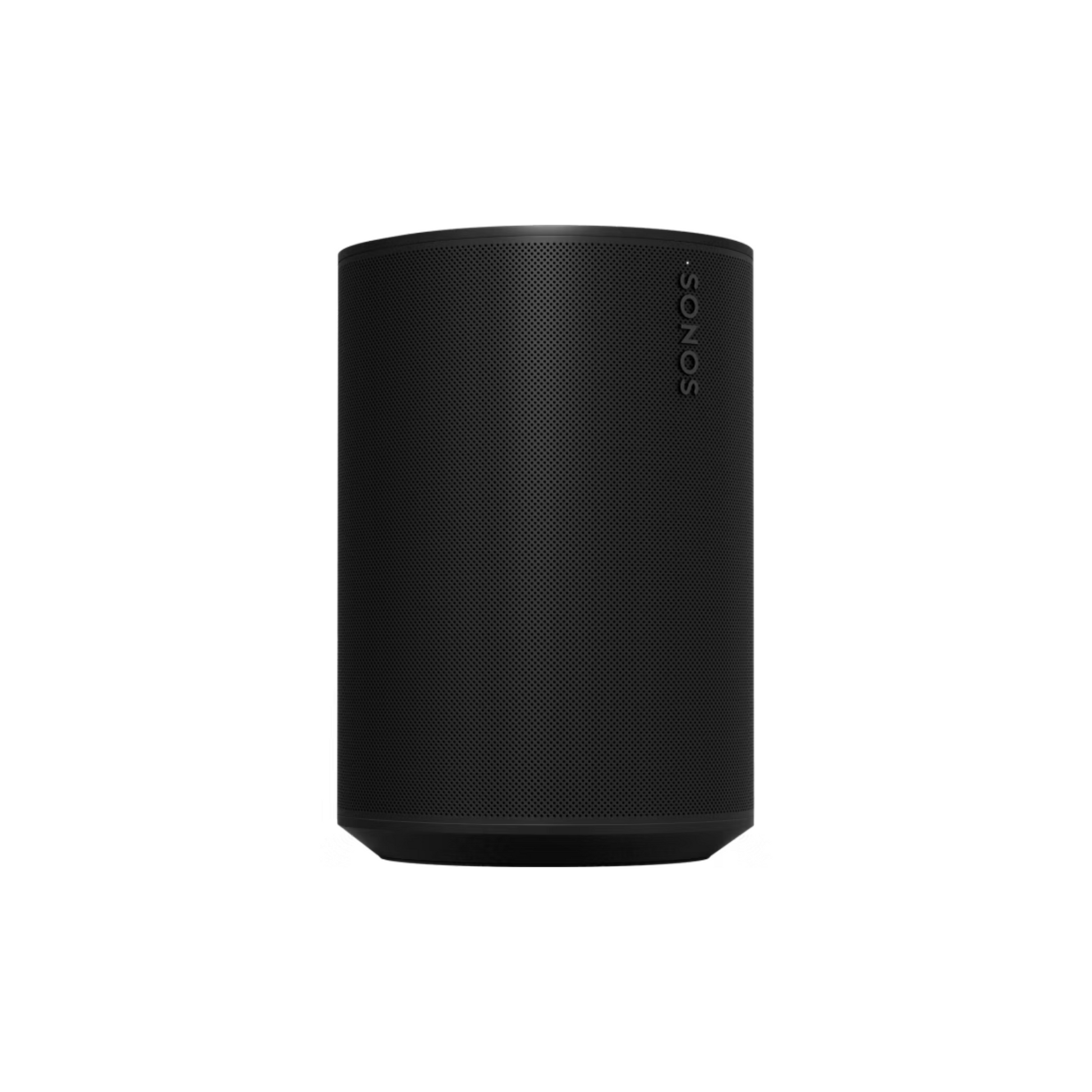 Der Sonos Era 100 Smart Speaker, ein schwarzer, zylindrischer, kabelloser Lautsprecher mit Mesh-Front und dem Schriftzug "Sonos" an der Seite, ist vor einem schlichten weißen Hintergrund abgebildet.