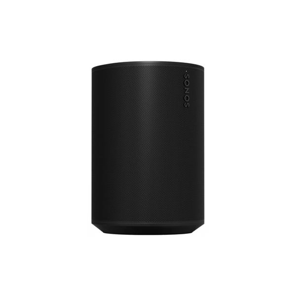 Der Sonos Era 100 Smart Speaker, ein schwarzer, zylindrischer, kabelloser Lautsprecher mit Mesh-Front und dem Schriftzug "Sonos" an der Seite, ist vor einem schlichten weißen Hintergrund abgebildet.