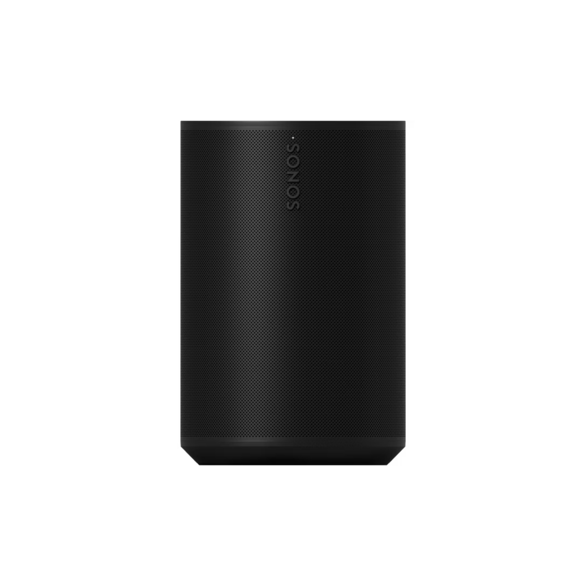 Ein schwarzer Soundreference Sonos Era 100 Smart Speaker mit Bluetooth in rechteckiger Form mit abgerundeten Kanten und dem Sonos-Logo vertikal auf der Vorderseite steht aufrecht auf einem weißen Hintergrund.