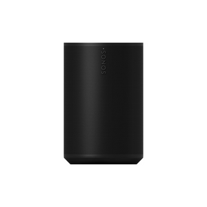 Ein schwarzer Soundreference Sonos Era 100 Smart Speaker mit Bluetooth in rechteckiger Form mit abgerundeten Kanten und dem Sonos-Logo vertikal auf der Vorderseite steht aufrecht auf einem weißen Hintergrund.