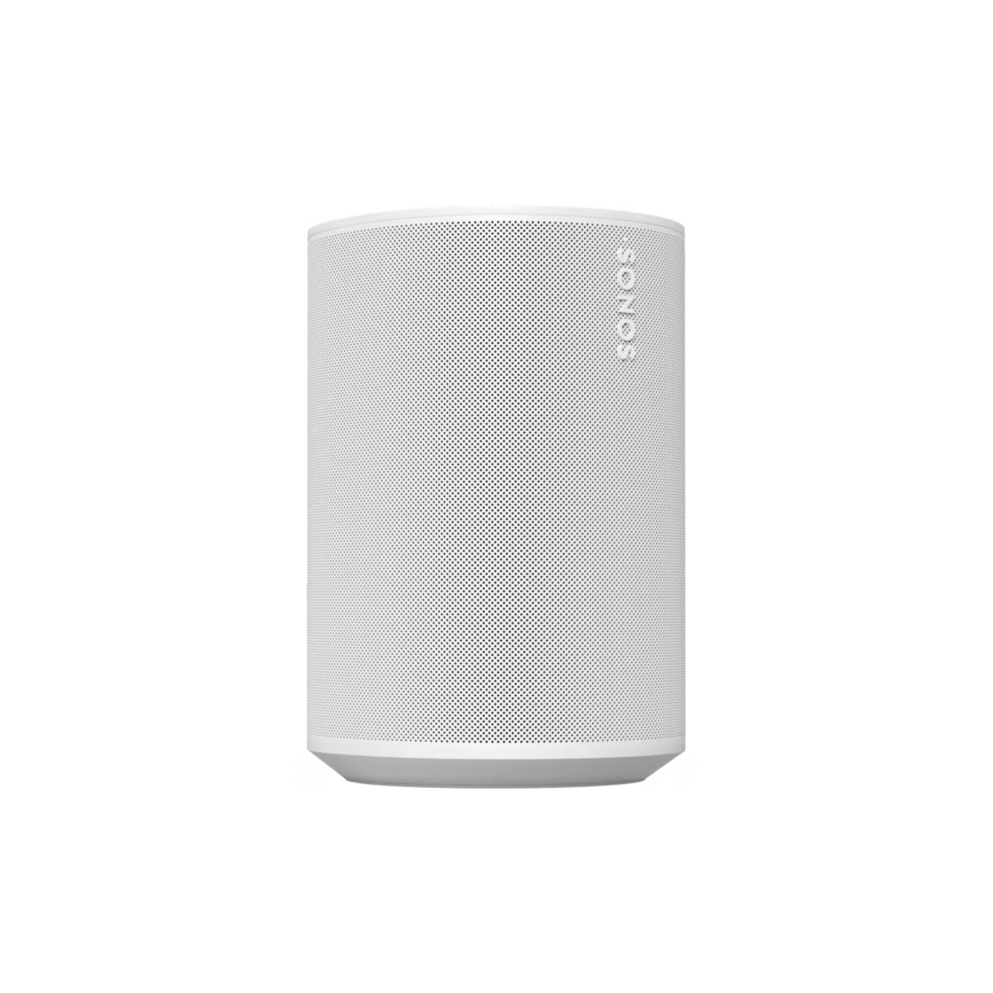 Der Sonos Era 100 Smart Speaker in Weiß verfügt über ein zylindrisches Design mit einer Mesh-Front, Bluetooth-Konnektivität und dem Sonos-Logo auf der Oberseite, das auf einem schlichten weißen Hintergrund dargestellt ist.
