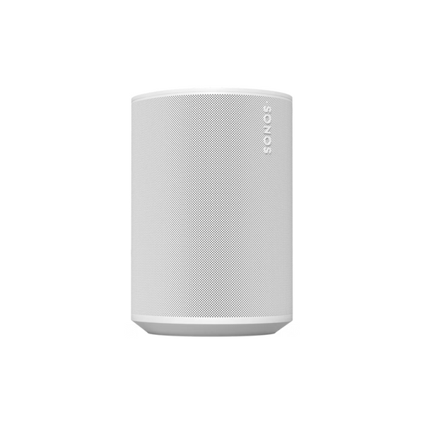 Der Sonos Era 100 Smart Speaker in Weiß verfügt über ein zylindrisches Design mit einer Mesh-Front, Bluetooth-Konnektivität und dem Sonos-Logo auf der Oberseite, das auf einem schlichten weißen Hintergrund dargestellt ist.