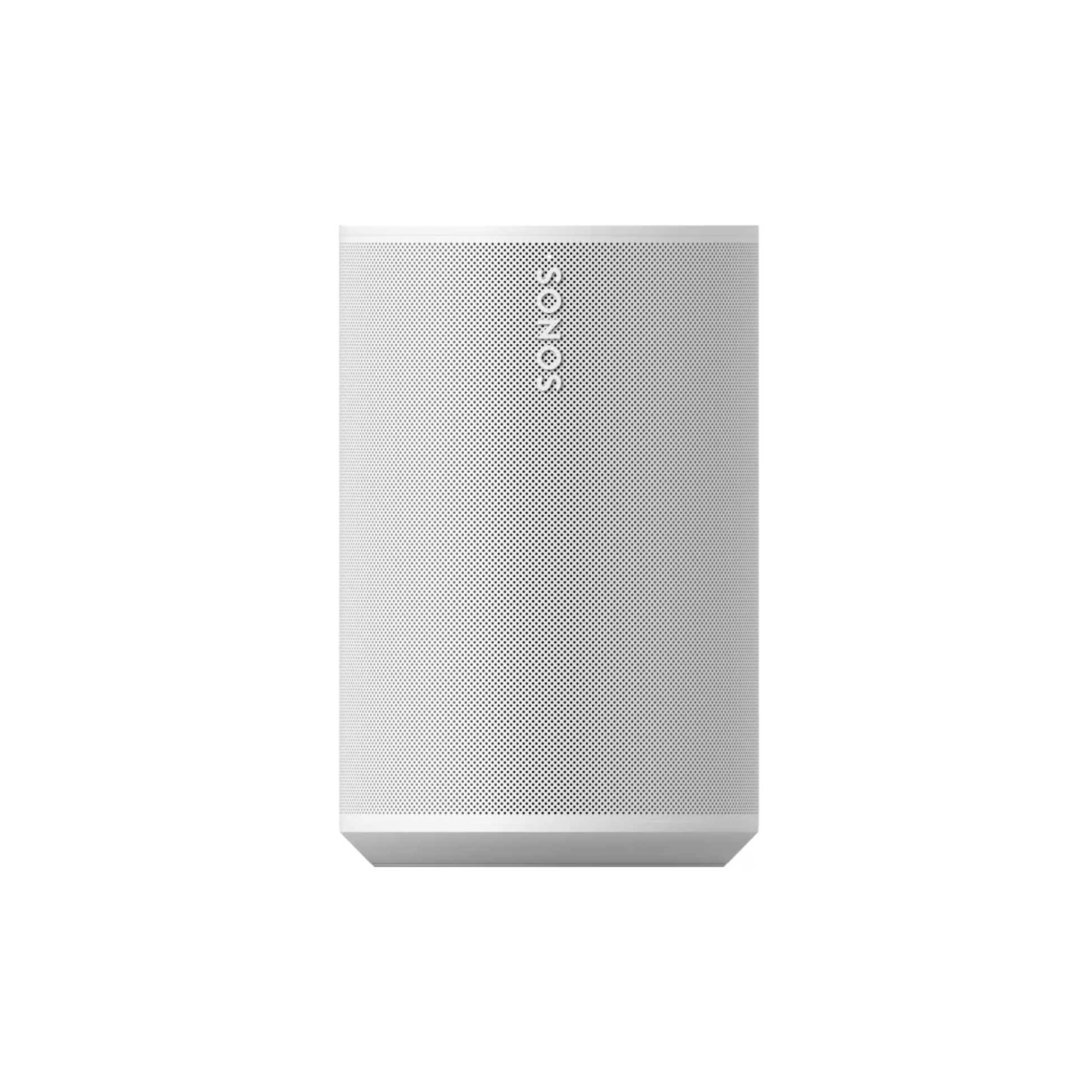 Der Sonos Era 100 Smart Speaker steht aufrecht auf einem weißen Hintergrund und zeigt ein feines Mesh-Gitter und ein zentriertes Sonos-Logo. Dieser Smart Speaker liefert einen klaren Klang und ermöglicht nahtloses Streaming über Ihr Wi-Fi-Netzwerk.