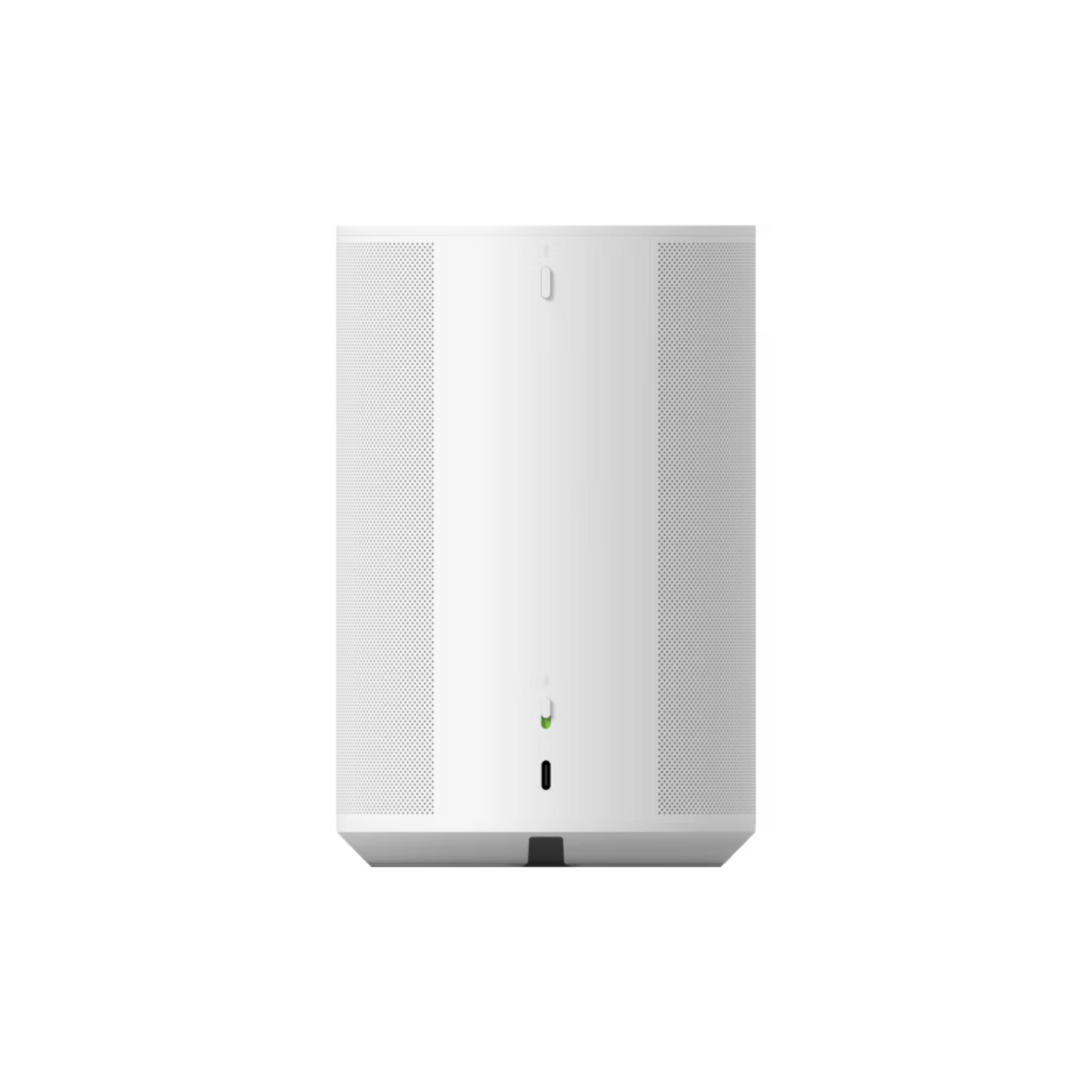Frontansicht des Sonos Era 100 Smart Speaker in Weiß mit minimalistischem Design, zwei vertikalen Gittern, Bluetooth-Konnektivität und einer kleinen LED-Anzeige in der unteren Mitte.