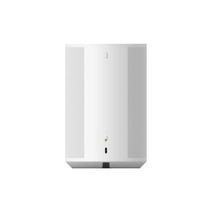 Frontansicht des Sonos Era 100 Smart Speaker in Weiß mit minimalistischem Design, zwei vertikalen Gittern, Bluetooth-Konnektivität und einer kleinen LED-Anzeige in der unteren Mitte.