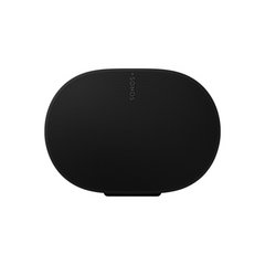 Ein schwarzer, ovaler Sonos Era 300 Smart Speaker in Schwarz mit minimalistischem Akustikdesign, von vorne gesehen, mit dem SONOS Logo vertikal in der Mitte oben.