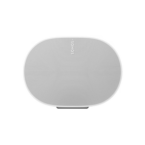 Ein weißer, ovaler Sonos Era 300 Smart Speaker wird von vorne vor einem schlichten weißen Hintergrund gezeigt. Sein Gitter bedeckt die gesamte Vorderseite, das Sonos-Logo befindet sich oben. Zu den Merkmalen gehören ein raffiniertes Akustikdesign und Trueplay Tuning.