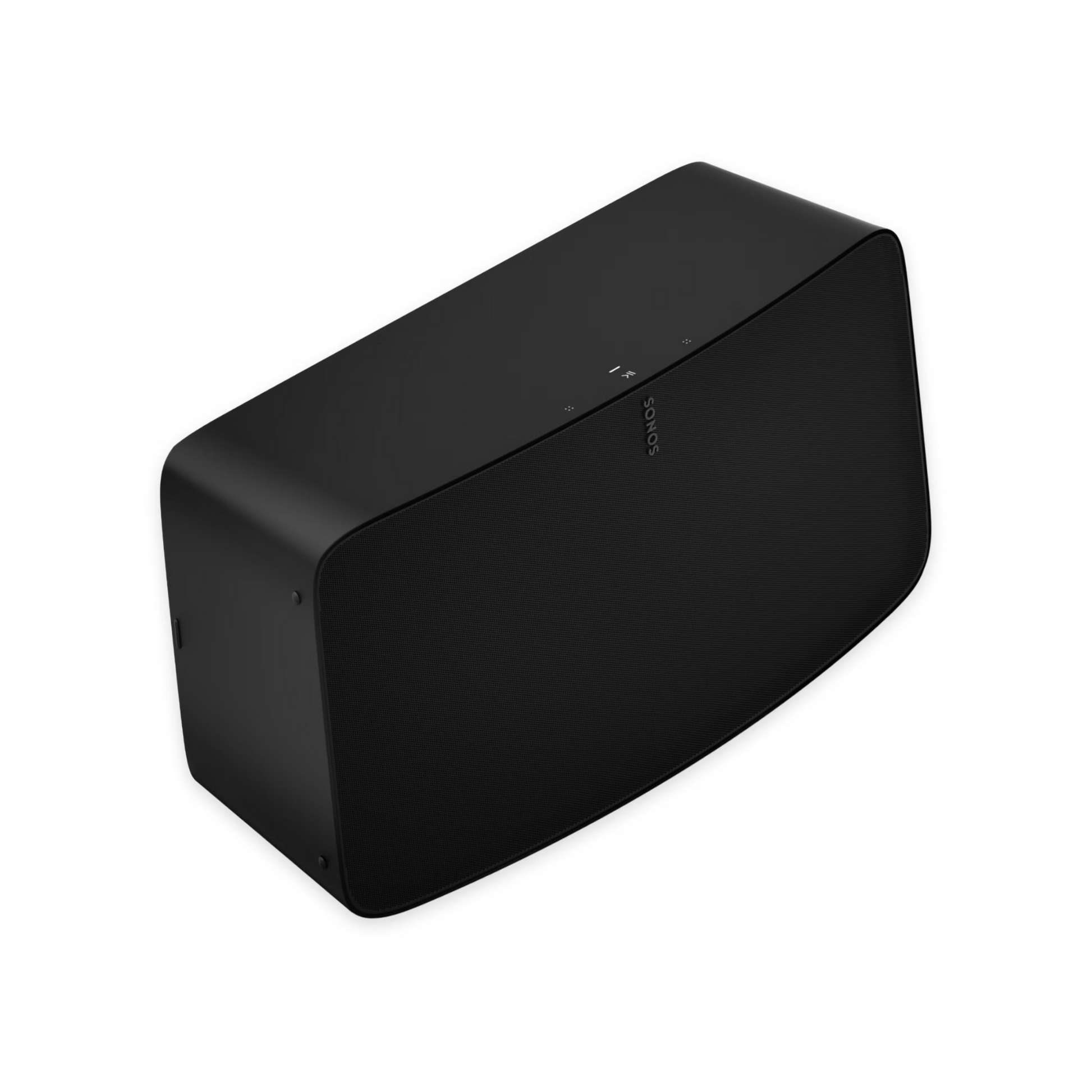 Der Soundreference Sonos Five Smart Speaker, ein schwarzes, kabelloses Modell mit rechteckiger Form und abgerundeten Kanten, verfügt über ein Frontgitter und Bedienknöpfe auf der Oberseite und liefert hochauflösendes Audio für ein immersives Hörerlebnis.