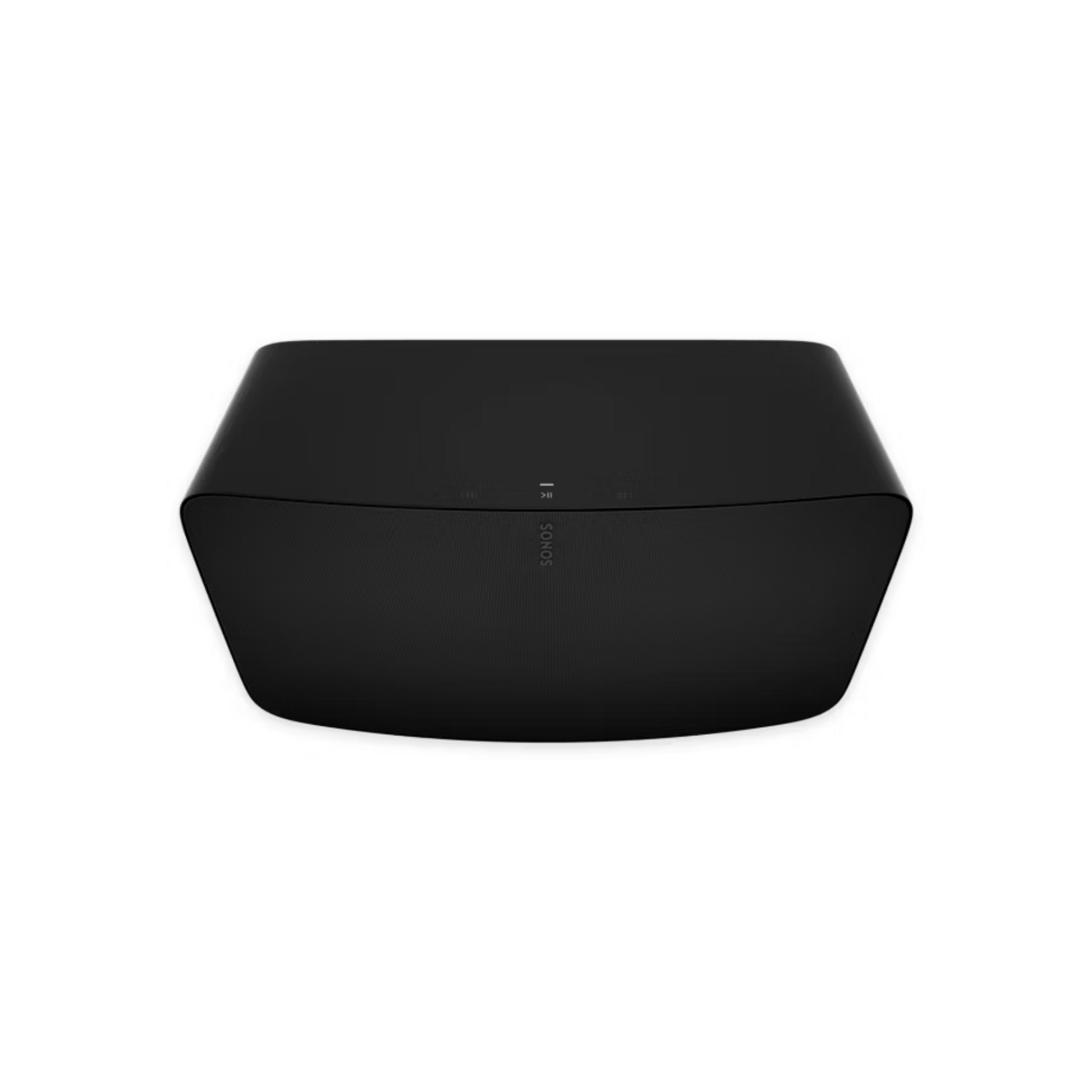 Der Soundreference Sonos Five Smart Speaker in Schwarz hat ein schwarzes, rechteckiges Design mit abgerundeten Kanten und liefert Stereosound. Er ist von vorne und leicht von oben vor einem weißen Hintergrund abgebildet.