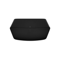 Der Soundreference Sonos Five Smart Speaker in Schwarz hat ein schwarzes, rechteckiges Design mit abgerundeten Kanten und liefert Stereosound. Er ist von vorne und leicht von oben vor einem weißen Hintergrund abgebildet.