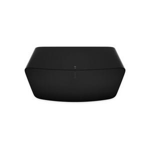 Der Soundreference Sonos Five Smart Speaker in Schwarz hat ein schwarzes, rechteckiges Design mit abgerundeten Kanten und liefert Stereosound. Er ist von vorne und leicht von oben vor einem weißen Hintergrund abgebildet.