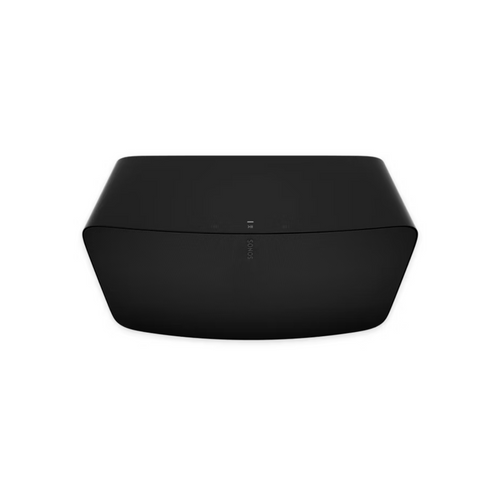 Der Soundreference Sonos Five Smart Speaker in Schwarz hat ein schwarzes, rechteckiges Design mit abgerundeten Kanten und liefert Stereosound. Er ist von vorne und leicht von oben vor einem weißen Hintergrund abgebildet.