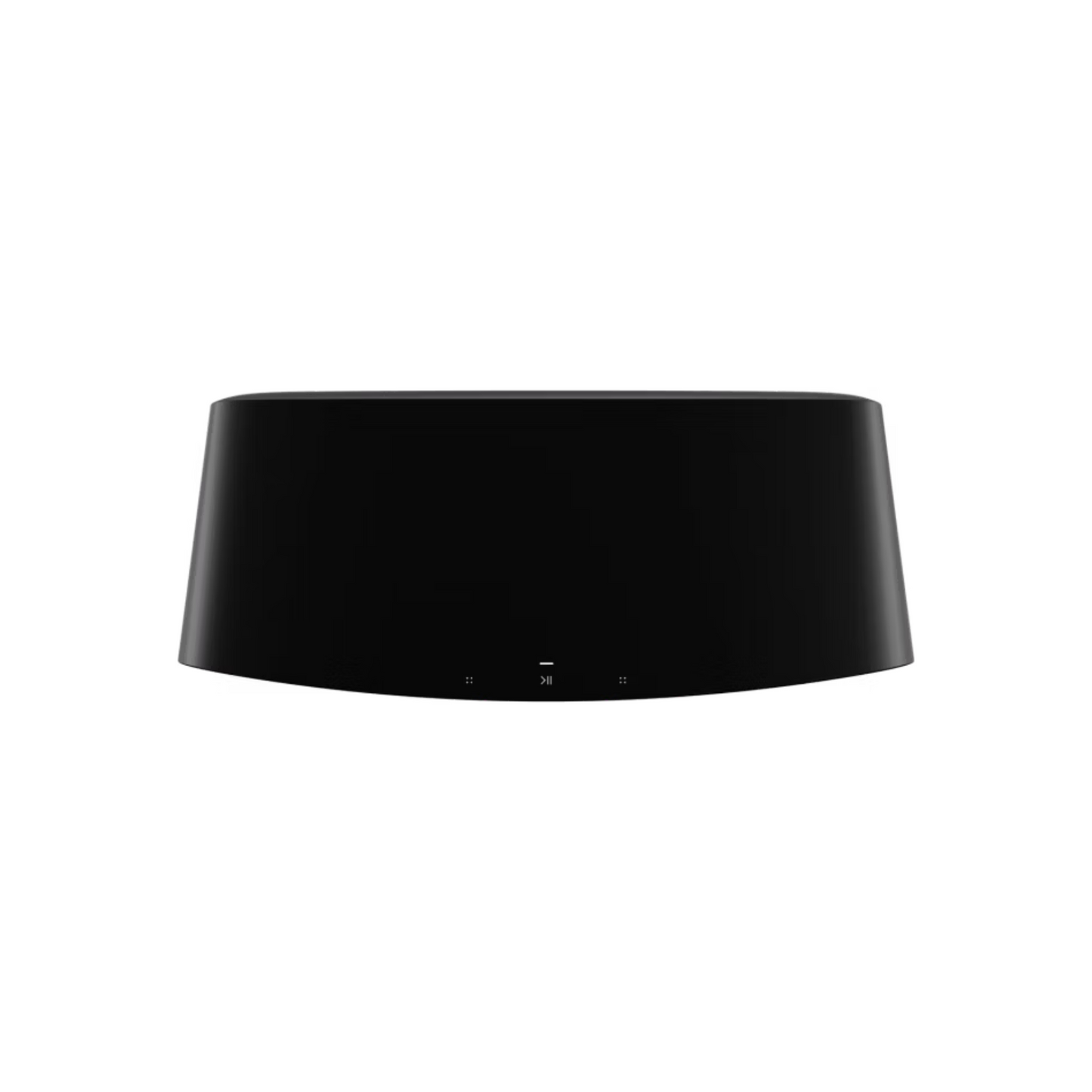 Der Soundreference Sonos Five Smart Speaker im eleganten schwarzen und ovalen Design mit Touch-Bedienelementen auf der Vorderseite liefert hochauflösenden Klang und lässt sich einfach über die Sonos App steuern. Abgebildet auf einem weißen Hintergrund.