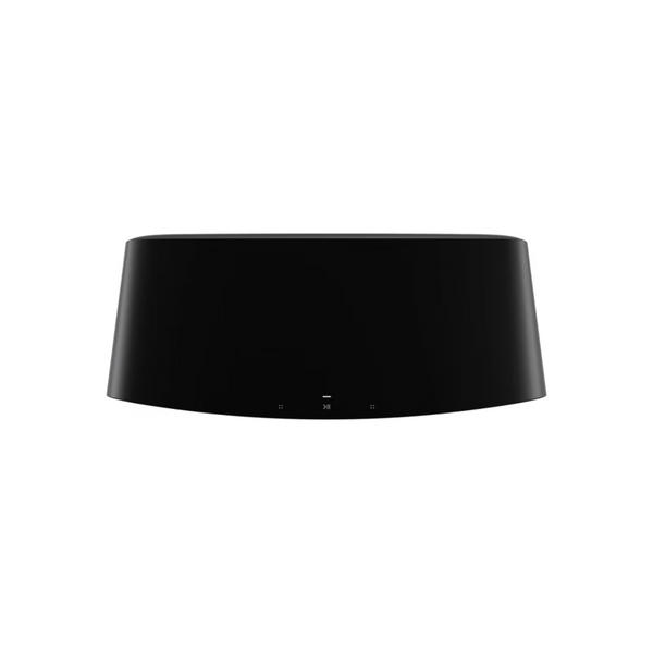 Der Soundreference Sonos Five Smart Speaker im eleganten schwarzen und ovalen Design mit Touch-Bedienelementen auf der Vorderseite liefert hochauflösenden Klang und lässt sich einfach über die Sonos App steuern. Abgebildet auf einem weißen Hintergrund.