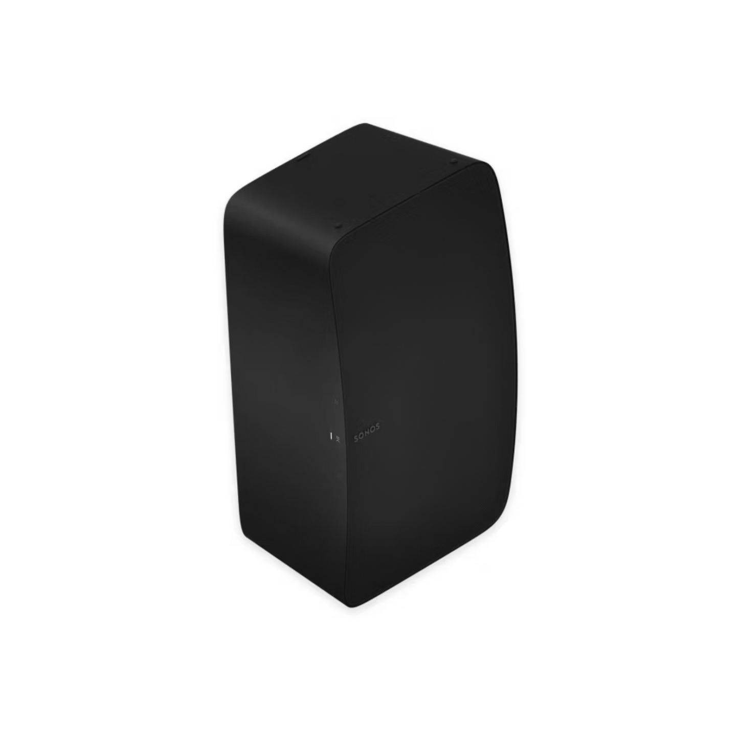 Ein schwarzer, rechteckiger Sonos Five Smart Speaker mit abgerundeten Kanten wird vor einem weißen Hintergrund gezeigt. Sein minimalistisches Design weist das Sonos-Logo an der Seite auf und liefert kraftvollen Stereosound für ein beeindruckendes Hörerlebnis.