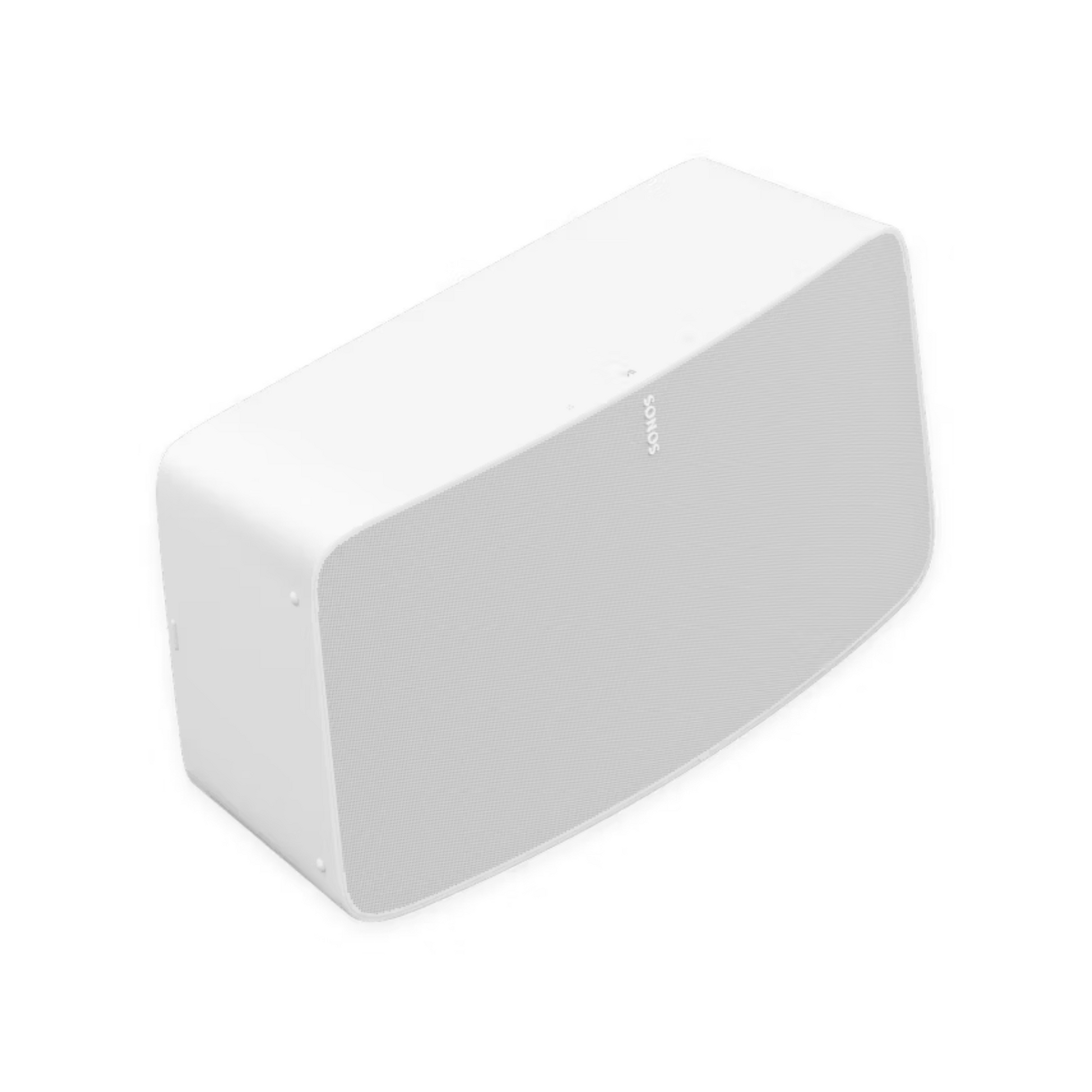 Der Sonos Five Smart Speaker ist ein weißer, rechteckiger, kabelloser Lautsprecher mit abgerundeten Kanten und einem Gitter an der Vorderseite, der einen brillanten Stereoklang liefert. Er wird auf einem schlichten weißen Hintergrund abgebildet.
