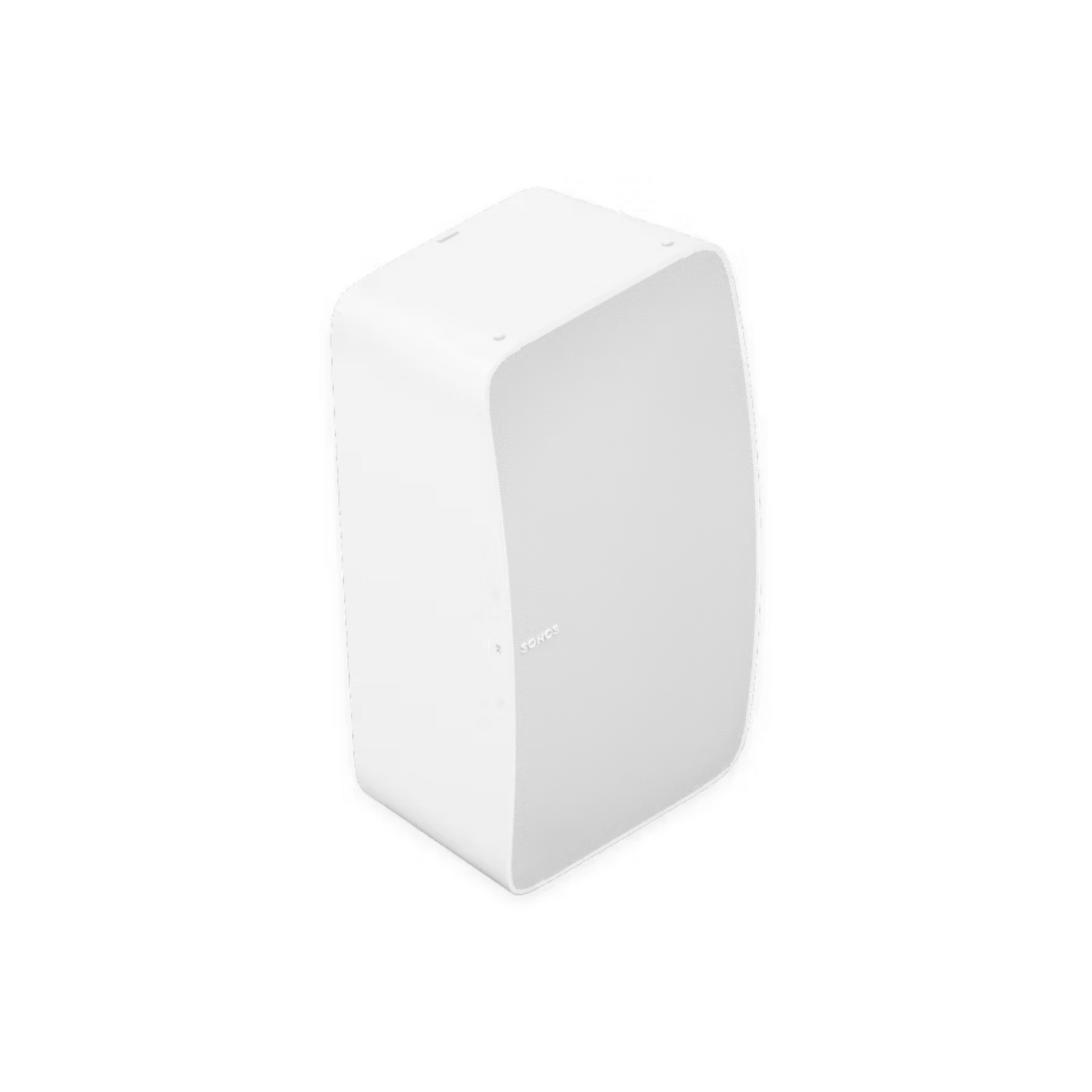Der Sonos Five Smart Speaker, ein weißes, rechteckiges Wandgerät mit abgerundeten Kanten und minimalistischem Design, liefert beeindruckenden Stereoklang und wird vor einem schlichten weißen Hintergrund fotografiert.