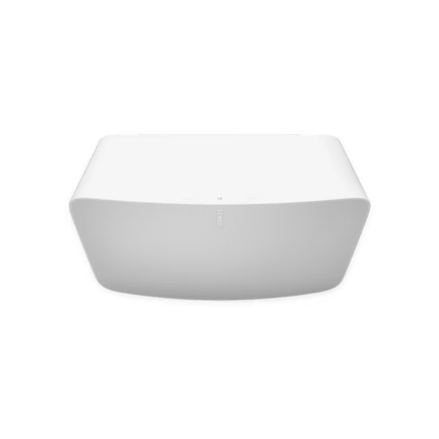Der Sonos Five Smart Speaker in Weiß ist ein weißer, rechteckiger, kabelloser Lautsprecher mit abgerundeten Kanten und einem Mesh-Frontgitter. Das Sonos-Logo befindet sich mittig auf dem Gitter und unterstreicht das hochauflösende Audio und das schlanke Design.