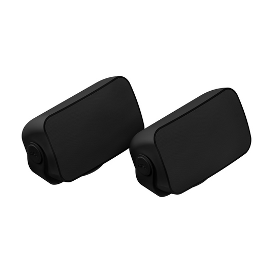 Zwei schwarze Sonos Outdoor Speaker von Sonos und Sonance Paar der Marke Soundreference stehen nebeneinander, leicht nach außen gewinkelt vor weißem Hintergrund - perfekt für ein Multiroom Erlebnis.