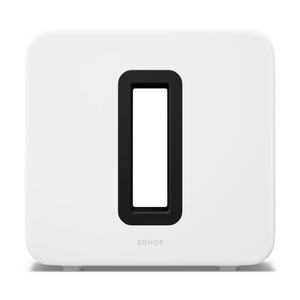 Der Sonos Sub 4 Subwoofer in Weiß verfügt über eine rechteckige schwarze Aussparung in der Mitte und einen Force-Cancelling-Effekt für dynamischen Klang, hier von vorne vor einem schlichten Hintergrund.