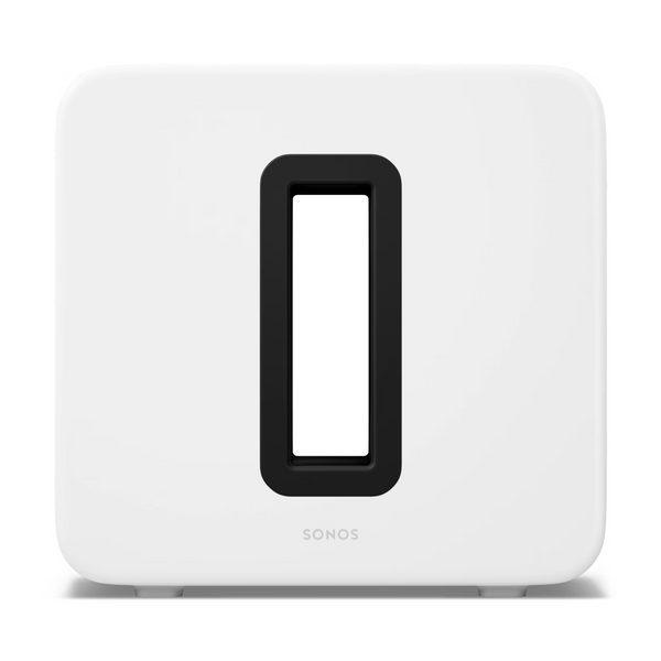 Der Sonos Sub 4 Subwoofer in Weiß verfügt über eine rechteckige schwarze Aussparung in der Mitte und einen Force-Cancelling-Effekt für dynamischen Klang, hier von vorne vor einem schlichten Hintergrund.